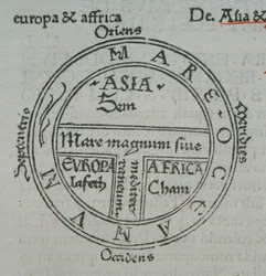 f.177v T-in-O mapa, z typograficznymi nazwami miejscowości, od Izydora z Sewilli, Liber Etimologiarvm