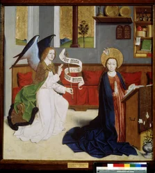 "Zwiastowanie" (Zwiastowanie) Tempera szkoły niemieckiej. 1470-1480 Muzeum Puszkina, Moskwa