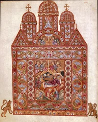 Szopka Miniatura Kodeksu Egberta (Codex Egberti) przy szkole Reichenau. 980 ok. Cividale del Friuli, Muzeum Archeologiczne lub Cathedrale de Cividale