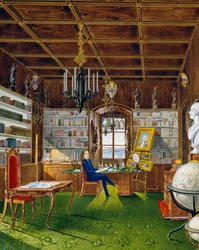 Biblioteka w Villa Lazarovich, rezydencja Maksymiliana Habsburga w Trieście (1832-1867), tempera Germano Prosdocimi