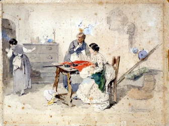 Mediolanki tworzą włoską trójkolorową flagę. Akwarela Gerolamo (Girolamo) Induno (1825 - 1890). Mediolan, Muzeum Risorgimento.