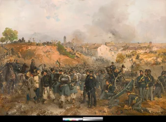 Risorgimento, II wojna o niepodległość Włoch: Bitwa pod Palestro 30.05.1859 pomiędzy Cesarstwem Austriackim a połączonymi siłami Królestwa Sardynii-Piemontu i Francji Obraz Gerolamo Induno (1825-1890) 1860 Kolekcja prywatna