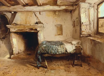 Wnętrze rustykalne, Gerolamo Induno (1825-1890), olej na drewnie, 27,5 x 37,7 cm.