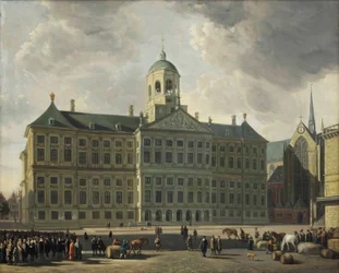 Widok na tamę z nowym ratuszem, Nieuwe Kerk i Waag, Amsterdam