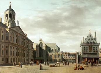 Ulica Dam i nowy ratusz w Amsterdamie, Holandia ...