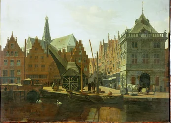 Port Haarlem z wagą publiczną i wieżą Saint Bavon w tle