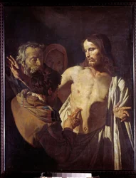 Niedowierzanie św. Tomasza Dotyka ran Chrystusa ratuje wierzyć w swój wygląd. Obraz Gerrita Van Honthorsta (1590-1656)