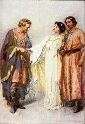 Powiedziała, że zaprawdę nie powinien iść, ilustracja z „Opowieści zimowej” w „Opowieściach z Szekspira: opowiadana przez Thomasa Cartera” wydana ok. 1910 r. (litografia kolorowa)