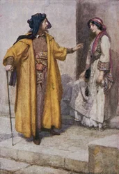 Shylock dał jej swoje klucze i kazał pilnować domu, ilustracja z „Kupca weneckiego” w „Opowieściach z Szekspira: opowiadanie Thomasa Cartera” opublikowanych ok. 1910 r. (Litokolorowa)