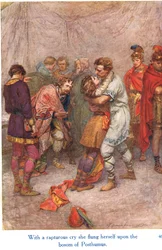 „Z radosnym okrzykiem rzuciła się na łono Posthumusa”, ilustracja z „Opowieści Szekspira o angielskich królach”, opublikowanych przez George Harrap & Son