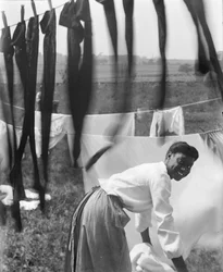 Młoda Afroamerykanka wieszająca pranie do wysuszenia w Newport, Rhode Island, ok. 1902 r. (zdjęcie czarno-białe)