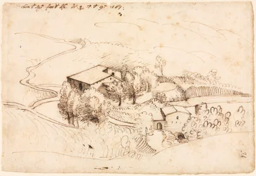 Zagroda z drzewami w pagórkowatym krajobrazie prosto, 1567.
