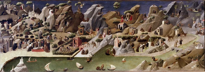 La thebaide des hermits Opis życia pustelników na pustyni - Detrempe na drewnie przypisywany Gherardo Starninie (XIV-XV w.). ok. 1400 Dim 2x0,8 m Florencja, galleria degli uffizi (Uffizi)