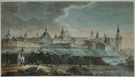 Widok na rzekę Nieglinna i Kitaj-gorod z Placu Pietrowskiego, lata 90. XVIII wieku