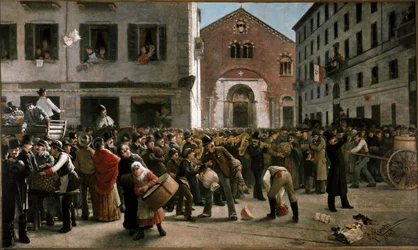 Zbiórka funduszy na corso Garibaldi w Mediolanie dla ofiar powodzi pod Weroną, 24 grudnia 1882 r. (Malarstwo