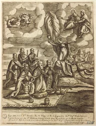 Alegoria Ligi Św. z 1571 r., przewidziana przez papieża Piusa V, Filipa Hiszpanii i doża Wenecji Alvise Mocenigo, rycina Giacomo Franco (1556-1620)