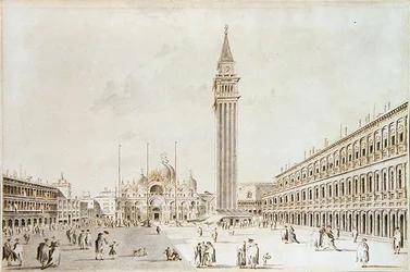 Widok na Piazza San Marco w kierunku Bazyliki i Campanile (pióro i atrament z praniem na papierze)