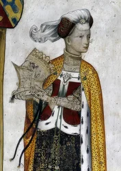 Przedstawienie markizów Saluzzo i ich małżonek jako historycznych i mitologicznych bohaterów i bohaterek. Detal: Riccarda di Sicilia, żona Tommaso II, jako królowa amazonek Lampeto. 1418-30