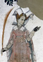 Przedstawienie markizów Saluzzo i ich małżonek jako historycznych i mitologicznych bohaterów i bohaterek. Detal: Marguerite de Roussy, żona Tomasza III jako Teuca. 1418-30
