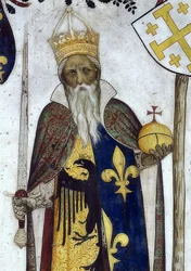 Przedstawienie markiza Saluzzo i ich żon jako historycznych i mitologicznych bohaterów i bohaterek. Szczegół: Manfredo III. jako Karol Wielki. 1418-30