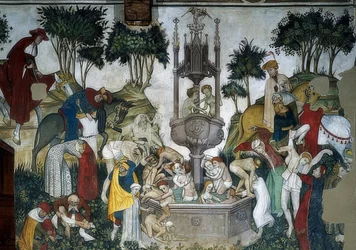 Źródło młodości. Detal: przybywający i kąpiący się w źródle. 1418-30