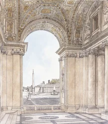 Widok na Piazza San Pietro w Rzymie patrzący na południe od portyku bazyliki, przed 1779 r.