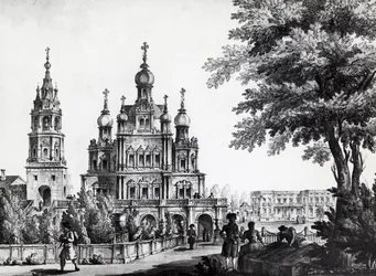 Kościół Wniebowzięcia NMP i pałac Gagarina w Moskwie, rys. Giacomo Quarenghi Domenico (1744-1817), druk, Rosja