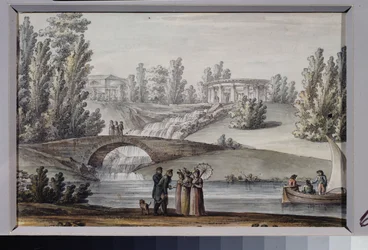 Świątynia Apolla i wodospad w Parku Pawłowskim (Sankt Petersburg). Praca Giacomo Antonio Domenico Quarenghi (1744-1817), tusz i akwarela na papierze, ok. 1800 r. Sztuka włoska
