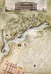 Peterhof, Rosja: Elewacja Pałacu Angielskiego i Plan Parku,