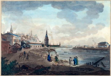 Widok na Kreml moskiewski z Kamiennego Mostu nad Moskwą (Moskwa lub Moskwa). Praca Giacomo Antonio Domenico Quarenghi (1744-1817), akwarela i tusz na papierze, ok. 1790 r. Sztuka włoska