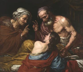 Isaac benit Jacob - Izaak błogosławi Jakuba, przez Langetti, Giovan Battista (1635-1676). Olej na płótnie, Między 1660 a 1670. Wymiar: 109x126 cm. Muzeul National Brukenthal, Sybin