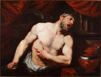Samobójstwo Katona z Utyki (Marcus Porcius Cato Uticensis, czyli Katon Młodszy) (95-46 p.n.e.), rzymski polityk. Obraz Giambattisty Langettiego (1621-1676), wymiary 93 x 123 cm, Genua, Musei di Strada Nuova