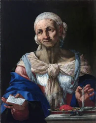 Stara kobieta z perłowym naszyjnikiem i listem (Vanitas) - Stara kobieta z perłowym naszyjnikiem i listem (Vanitas) - Giovan Battista Langetti (1635-1676). Olej na płótnie, ok. 1663. Galeria Narodowa, Praga