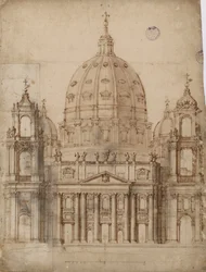 Alternatywna propozycja dla fasady Bazyliki św. Piotra w Watykanie par Bernini, Gianlorenzo (1598-1680). Pióro, pędzel, akwarela, tusz indyjski na papierze