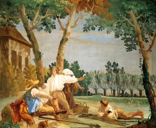 Chłopi w spoczynku, Giandomenico Tiepolo (1727-1804), fresk, Sala Scen Wiejskich w Foresteria (Pensjonat), Villa Valmarana „Ai Nani”, Vicenza, Włochy
