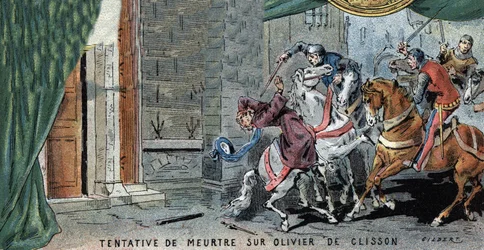 Próba zabójstwa Oliwiera V de Clisson (1336-1407), francuskiego konetabla. Ilustracja Gilberta, koniec XIX wieku.