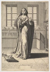 Dialektyka: młoda kobieta stojąca w ozdobionym wnętrzu i dotykająca swojego prawego indeksu…, 1633-35.