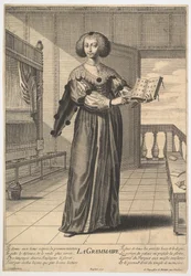 Gramatyka: młoda kobieta stojąca w ozdobionym wnętrzu, trzymająca w lewej otwartą księgę..., 1633-35.