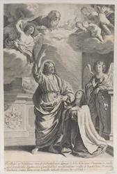Św. Teresa modląca się u boku Chrystusa, który wskazuje w górę na Boga Ojca i ..., 1635-1700.