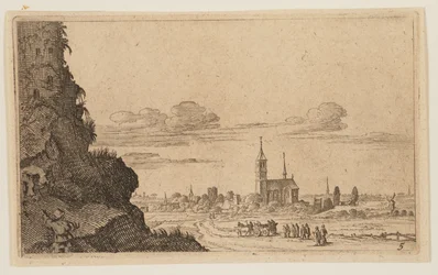 Dwóch mężczyzn wspinających się po skałach do ruin, od Twelve Landscapes