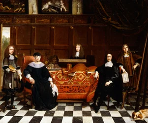 Grupowy portret rodziny siedzącej wokół stołu nakrytego dywanem, ok. 1665-70