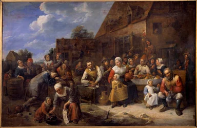 Wiejska biesiada Scena impreza na wsi, chłopi są obecni. Obraz autorstwa Gillisa Van Tilborgha (Tilborch) młodego (1625-1678) Rouen z XVII wieku. Muzeum Sztuk Pięknych