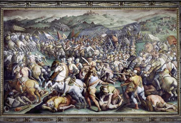Bitwa pod Scannagallo w Valdichiana (Val di Chiana). Fresk autorstwa Giorgio Vasariego i jego pracowni (1511-1574). Palazzo Vecchio (Salone dei Cinquecento)