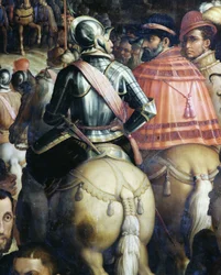 Triumf po wojnie w Sienie, Włochy. Szczegół. Obraz namalowany przez Giorgio Vasariego i jego pracownię (1511-1574)