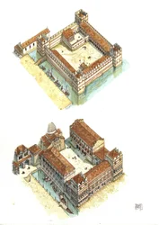 Widok z lotu ptaka na etapy budowy Pałacu Dożów (lub Pałacu Książęcego lub Palazzo Ducale) na Placu Świętego Marka w Wenecji w VII i XII wieku. Włochy