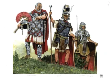 Starożytny Rzym: centurion, optio (posłaniec między centurionami a dekurionami) i legionista. II w.