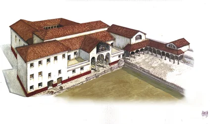 Starożytny Rzym: rekonstrukcja Willi Lwów (Casa ou domus dei Leoni) w Ostia Antica (Ostia), III wiek p.n.e. Włochy Ilustracja autorstwa Giorgio Albertini. (Wykorzystanie dzieł tego autora nie jest przedmiotem wniosku o autoryzację ze strony osób trzecich).