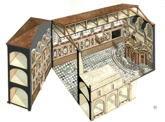 Sztuka baroku: rekonstrukcja struktury architektonicznej synagogi w Casale Monferrato (Casal) niedaleko Alessandrii (Aleksandria), Włochy.