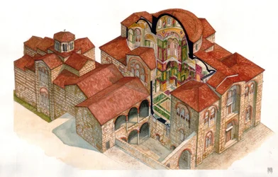 Sztuka bizantyjska: widok i część architektoniczna klasztoru Hosios Loukas (Osios Lukas lub Luckas), zbudowanego w XI wieku. Grecja