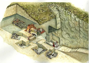 Cywilizacja etruska: rekonstrukcja i wycięcie grobowca Francois de Vulci. III wiek p.n.e. Włochy